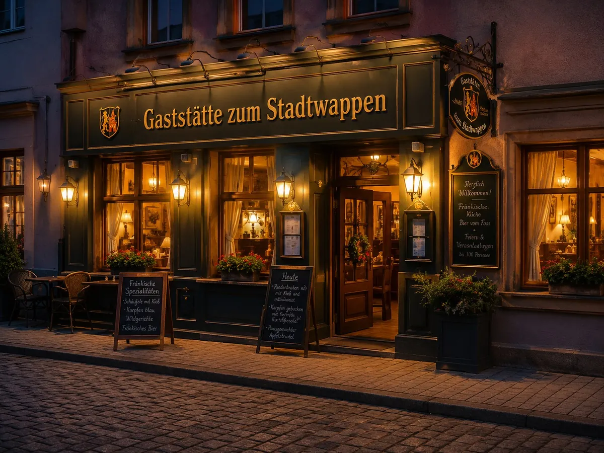 Außenansicht der Gaststätte zum Stadtwappen bei Dämmerung