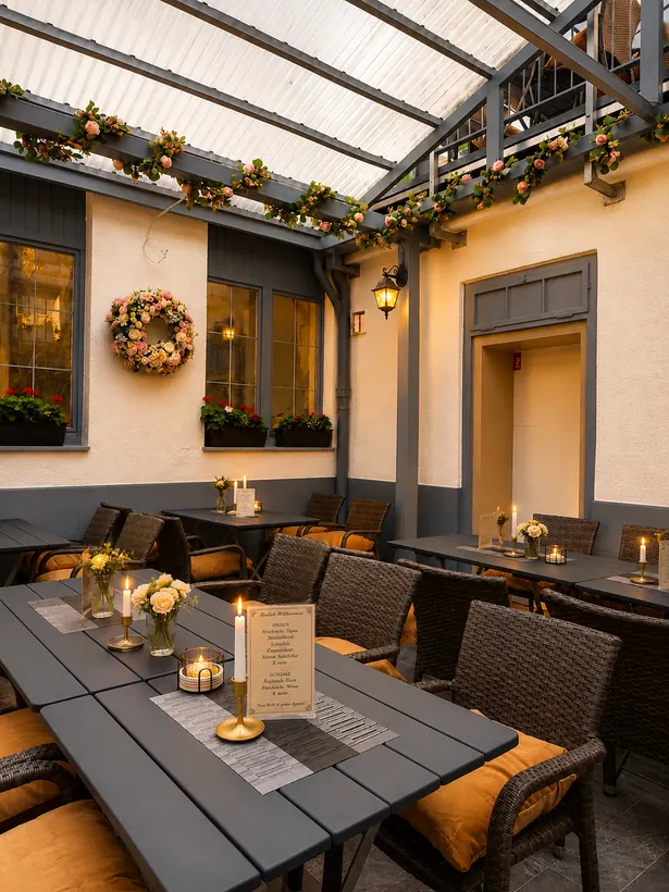 Biergarten Innenhof mit Kerzen und Abendstimmung