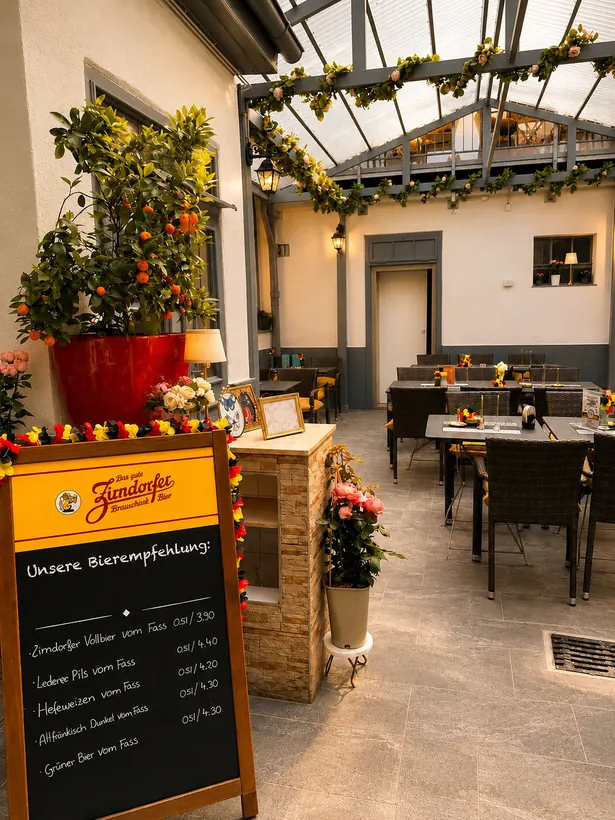 Bierempfehlung im Innenhof der Gaststätte