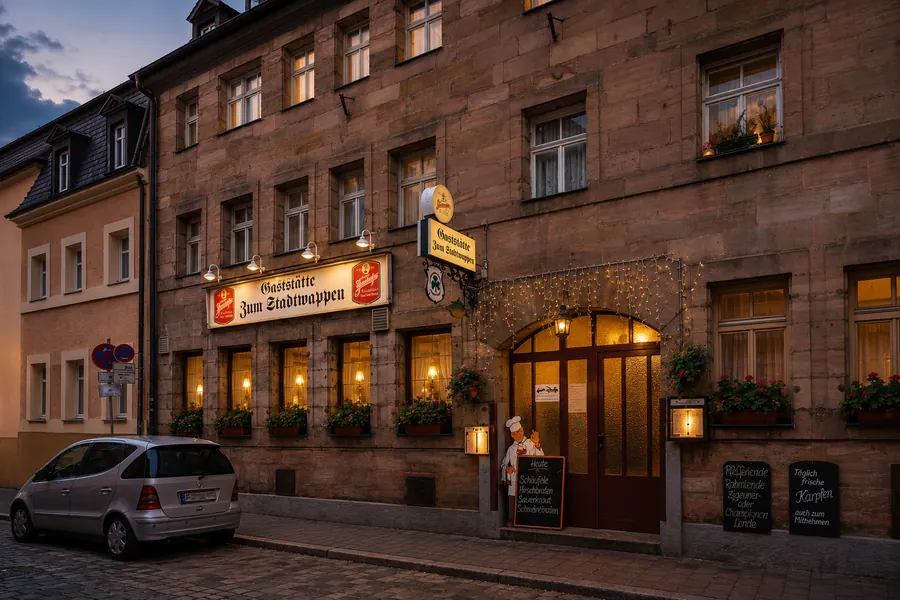 Eingang der Gaststätte zum Stadtwappen am Abend
