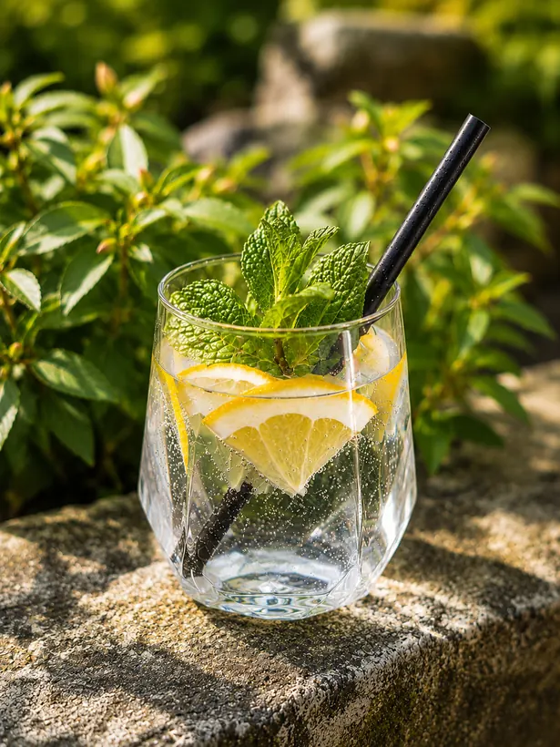 Gin Tonic mit Zitrone und Minze im Biergarten