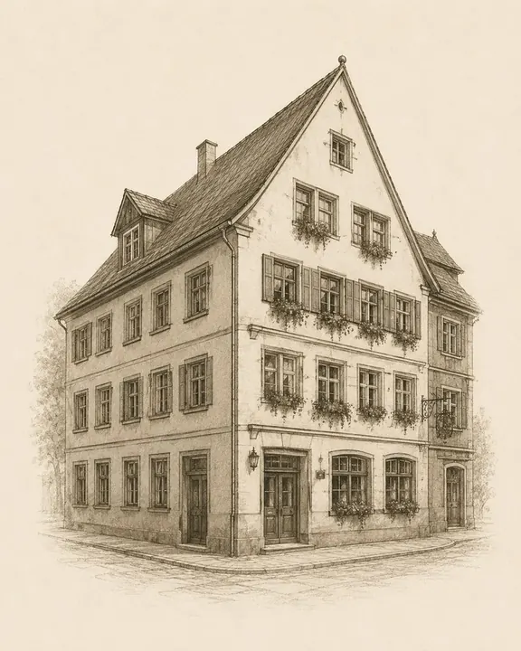Historische Zeichnung eines fränkischen Gasthauses