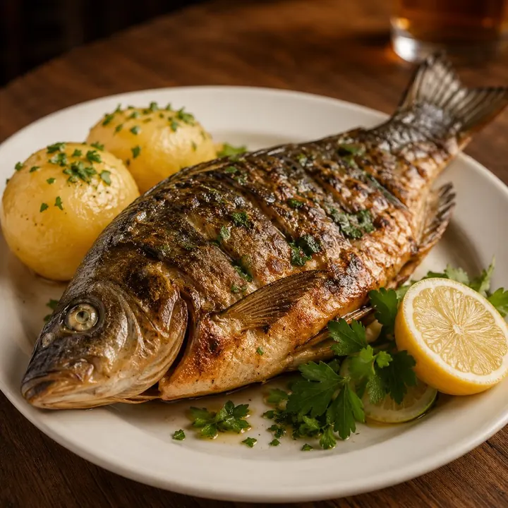 Fischgericht mit Kartoffeln und Zitrone
