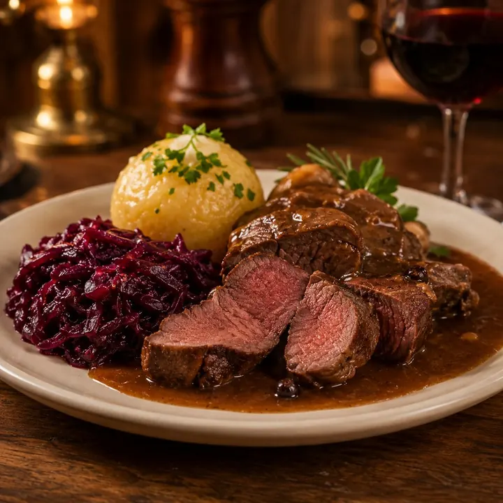 Wildgericht mit Kloß und Rotkraut